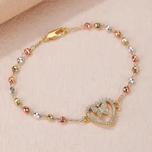 18k  Tri Color heart butterfly Bracelet Pulsera Oro Laminado