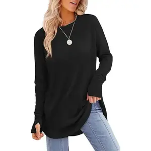 Womens Tunic Tops to Wear with Leggings Long Sleeve Thumb Hole Shirts Crew Neck Curved Hem Fashionable Casual Style