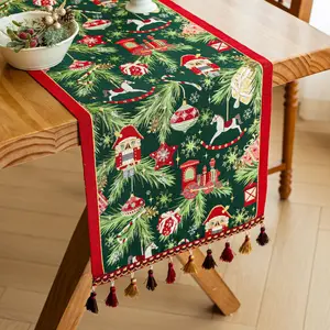 Christmas Table Runner Festive Atmosphere Non-Slip with Vibrant Design Christmas Trees Ornaments and Decorative Tassels for Holiday Gatherings