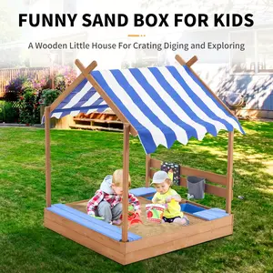 Sandbox with Roof, 49'' Kids Large Wooden Sand Box with Liner, Drawing Board, Sink, House Design, Sand Boxes for Backyard Garden Beach, Sand Pit for Beach Patio Outdoor