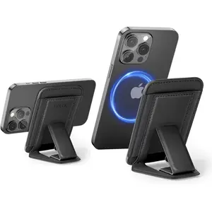 Ultra Slim  Wallet, Magsafe Compatible, Minimalist Wallet/Card Holder with Adjustable Stand, for  16/15/14/13/12 Series, Fit 6 Cards, Vegan Leather, Slim, Black & Black