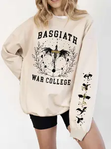 Basgiath War College Fantasy Graphic Sweatshirt, Womenswear, Beige Oversize Long Sleeve Crewneck with Mythical Art, Gift for Fantasy Lovers & Bookish Enthusiasts, For Book Club Meetings, Casual Hangouts & Daily Looks, College-Inspired Design with S