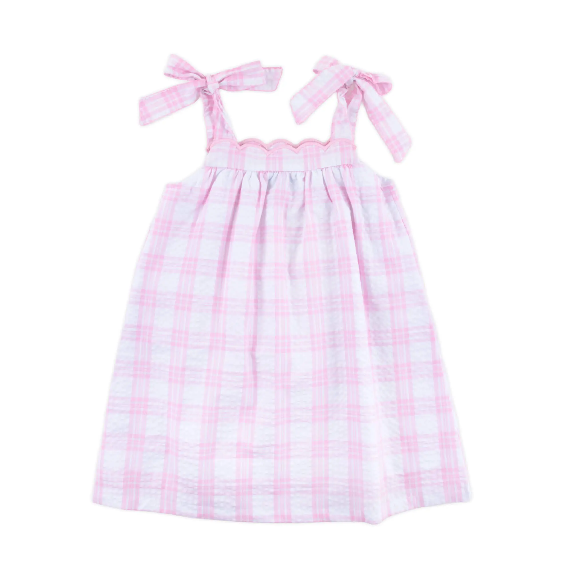Light Pink Plaid Scalloped Tie Strap Dress - Sweet Girls Spring & Summer  Outfit - TikTok Shop