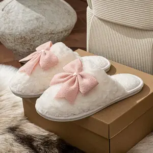 Women's Cute Bow Knot Slippers, Fall & Winter Cartoon Thick Sole Comfortable Cotton Shoes, Sweet Style Home Wear, Plush Upper Material, Slippers Indoor