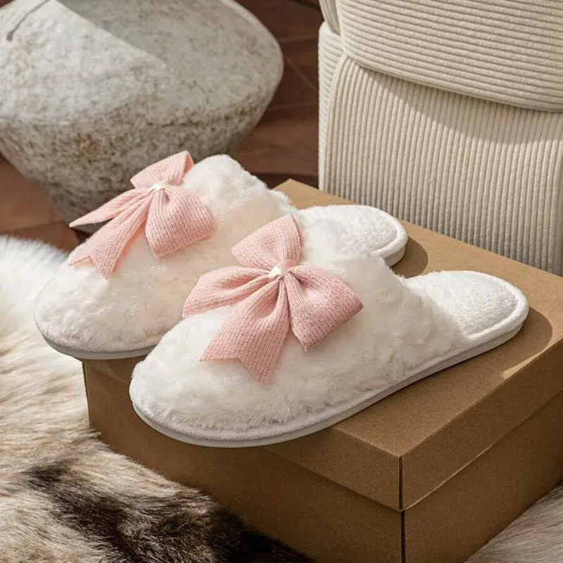 Women's Cute Bow Knot Slippers, Fall & Winter Cartoon Thick Sole Comfortable Cotton Shoes, Sweet Style Home Wear, Plush Upper Material, Slippers Indoor