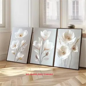 3-Piece Set, Nordic Beige Peony Fabric-Faced Oil Painting, Modern Botanical Floral Poster, Aesthetic Wall Decor, Home Accent, Frameless Canvas Print, 2D Flat Art