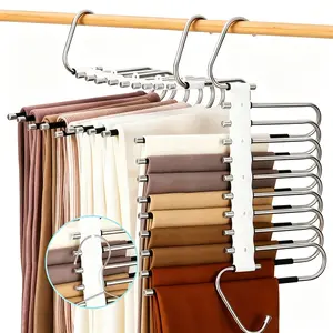 Metal S-Shaped Pants Hangers (2-Pack), 5-Tier Non-Slip Closet Organizer with 5 Extra Hooks, Space-Saving for Jeans & Leggings, Skirt Holder Compatible (Increases Closet Space by 80%)