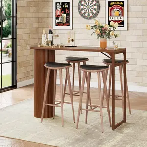 Giratree 55" Long Bar Table, Fluted Wood Counter Height Pub Table, High Top Kitchen Breakfast Bar Tables with Sturdy Metal Frame, Modern Bar Height Dining Table for Bistro, Dining Room, Living Room