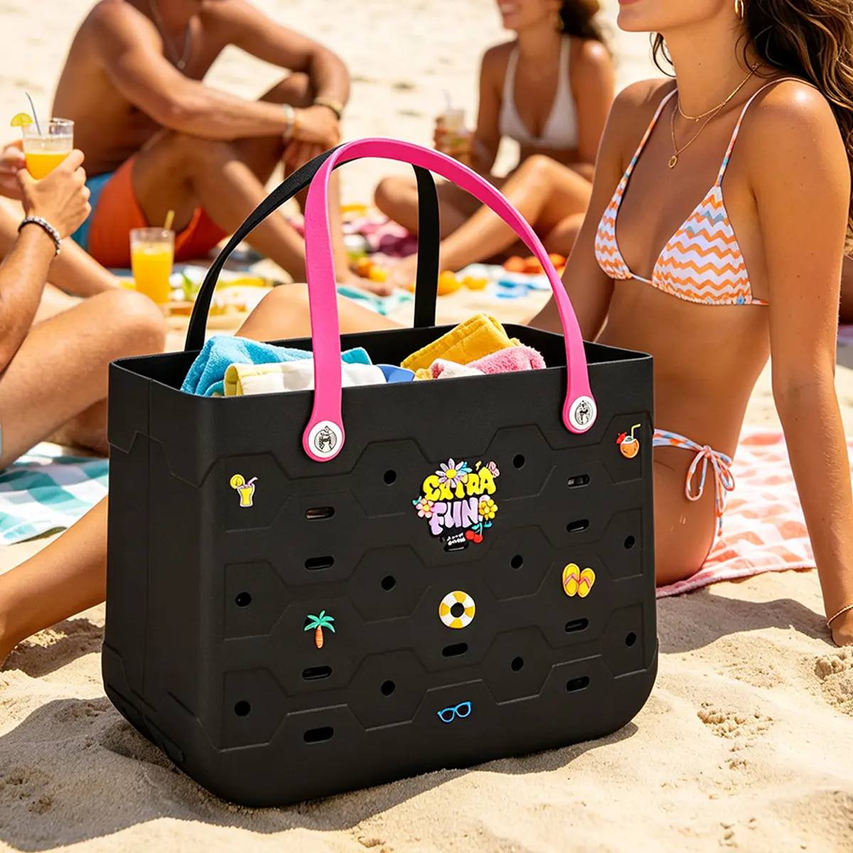 Large Beach Bag Tote for Women - EVA Shoulder Bags - Lightweight Waterproof Tote Bag for Pool, Swim, Camping - with Decorative Accessories