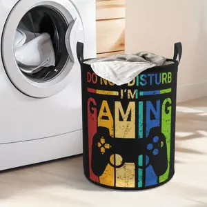 Gamer Laundry Basket with "DO NOT DISTURB I'M GAMING" Design - Durable Polyester Open-Top Hamper for Boys, Kids, Nursery, Bedroom & Bathroom - Multi-Purpose Toy Storage Bin & Dirty Clothes Organizer for Gamer Room Decor, Easy Carry Handle,Shelf Baskets