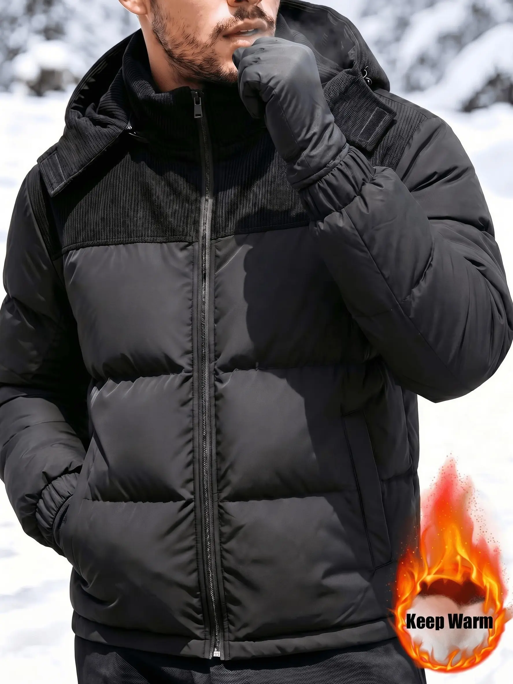 Men's Stylish Casual Winter Detachable Hood Puffer Coat - Outdoor Long Sleeve Casual Jacket Coat with Rib Knit Contrast Collar, Cuffed Zip-Up, Warm Insulated Quilted, Windproof Water-Resistant Loose Fit, Side Pockets for Snow Skiing, Mountain Hiking