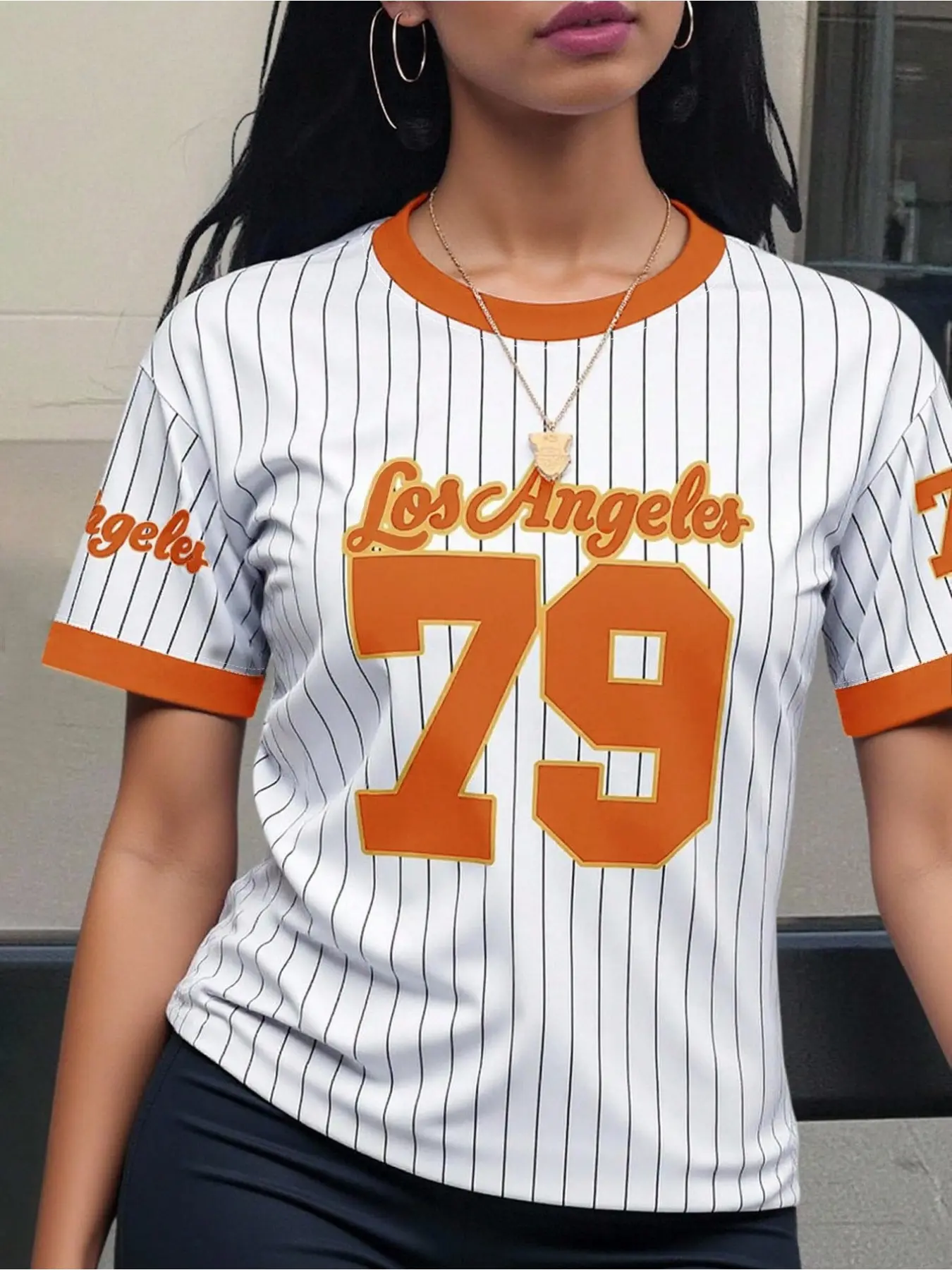 Los Angeles 79 striped women's T-shirt - Round Neck, soft, breathable, Loose, machine washable short sleeved top, Casual Tee Tops, suitable for spring and summer casual wear, streetwear, women's T-shirt, commuting daily