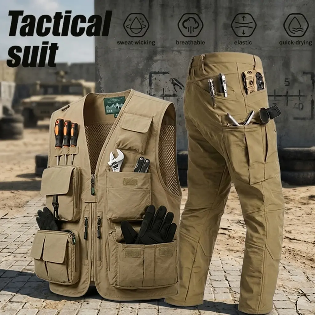 Men’s new tactical cargo vest and tactical softshell pants, designed for spring and autumn, featuring multiple pockets, stretch fabric, and ideal for hiking, fishing, and outdoor activities. Tactical style with breathable fabric.