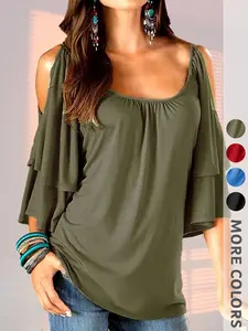 New Summer Women's Solid Color Off-Shoulder Short Sleeve Multi-Layer Ruffle Sleeves Square Neck Elegant Chic Casual Fashion Commute Date Top Blouse