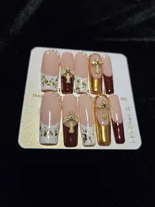 Elegant Burgundy Gold & Nude Press-On Nails Long Coffin Shape with Gold Foil & Rhinestone Bow Accents for Special Occasions