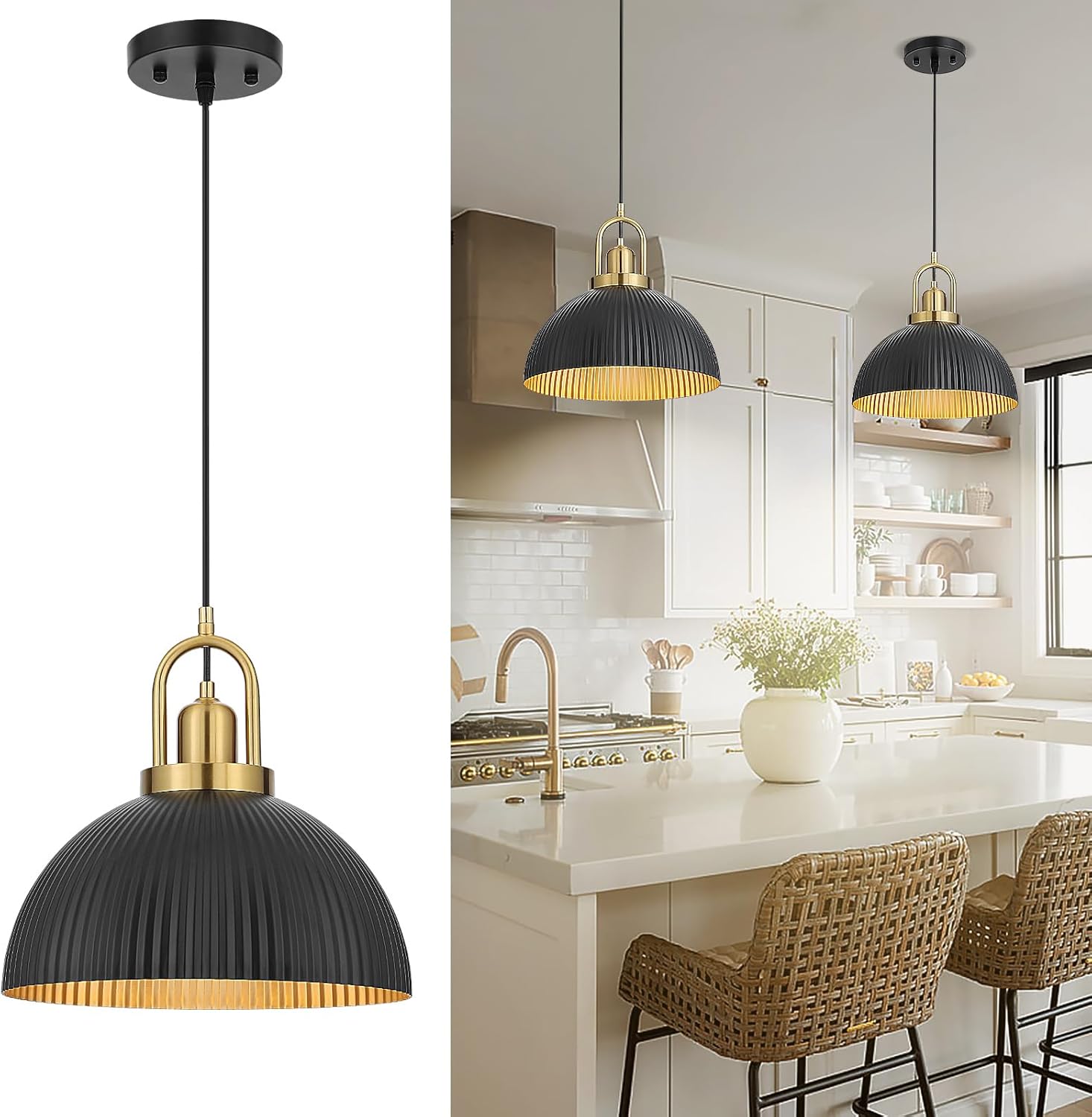 Pendant Lights Kitchen Island, Black Metal Farmhouse Pendant Light Fixtures, 11.8" Industrial Modern Hanging Light for Dining Room Bedroom Cafe Bar (Black/Gold, 1 Pack)