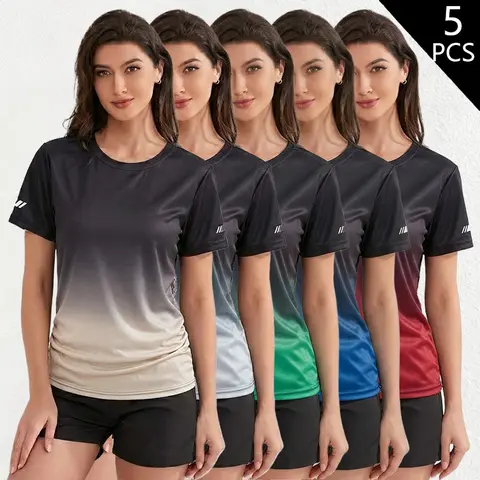 Women's Casual Crew Neck Athletic Short-Sleeve T-Shirts (Pack of 5) - Gradient Design, Quick-Dry, Breathable, Everyday Fit Casual Yoga Tees, Activewear Yoga Fitness Home-to-Gym Wear for Biking, Running
