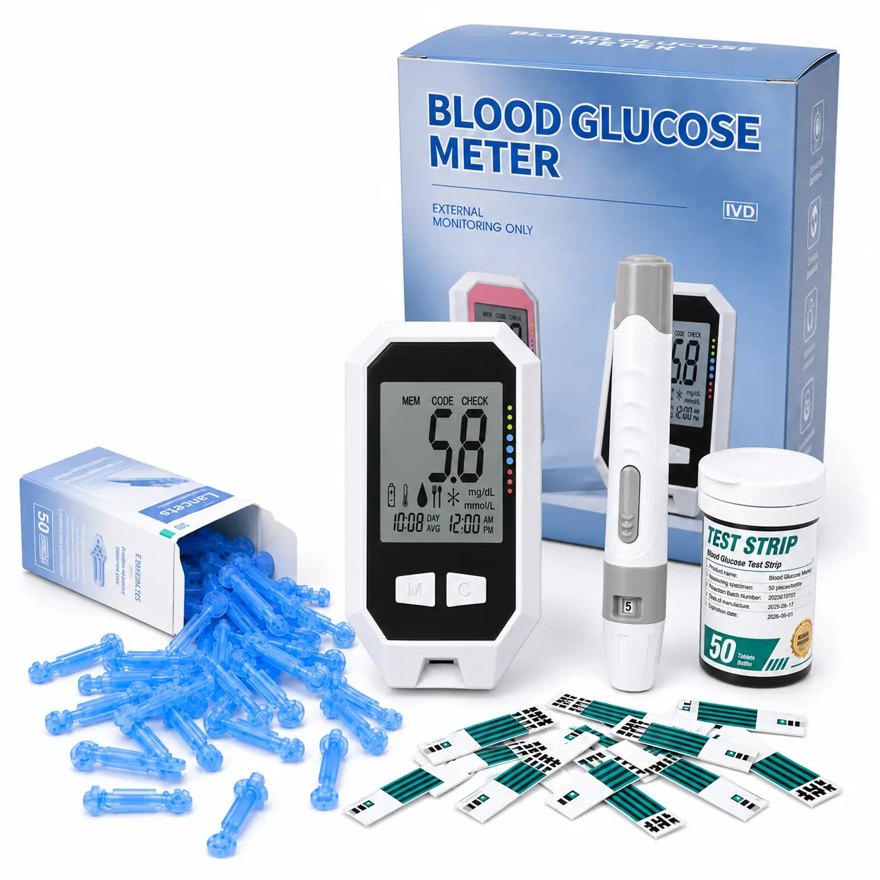 Blood Glucose Monitoring Kit for Home Use, Glucose Meter with 50 Test Strips, 50 Lancets, Adjustable Lancing Pen, Large Screen, Fast Reading, Simple Daily Testing Set