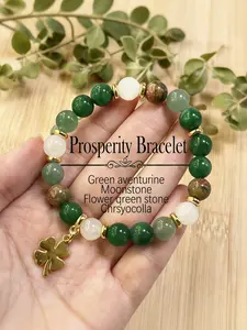 Stone Beaded Bracelet, Imitation Green Aventurine & Chrysocolla Style, Four-Leaf Clover Pendant, Luck & Wealth Jewelry, Stackable Bracelets