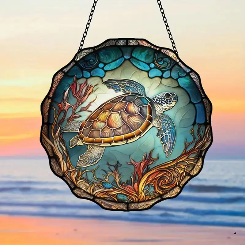 Round Turtle Pattern Hanging Decoration, 1 Count Sea Animal Print Hanging Ornament, Garden Hanging Decoration, Suitable for Home Office Garden Window