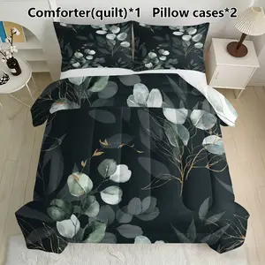 3-piece lightweight black eucalyptus quilt set (1 reversible printed cotton quilt with 2 pillowcases, without pillow inserts). The quilt is filled with 200g of digitally printed polyester bedding fabric, which is soft and breathable. Featuring U-shaped