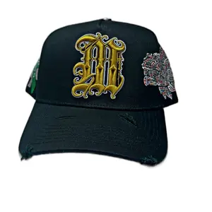 Black Mex Hilo baño en oro 5 Panel Adjustable Luxury Full Cotton Cap with Custom Satin Interior Snapback Closure for Sports & Everyday Wear
