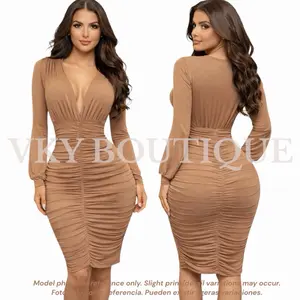 V-Neck Diva Ruched Bodycon Dress with Long Sleeves for Women TS