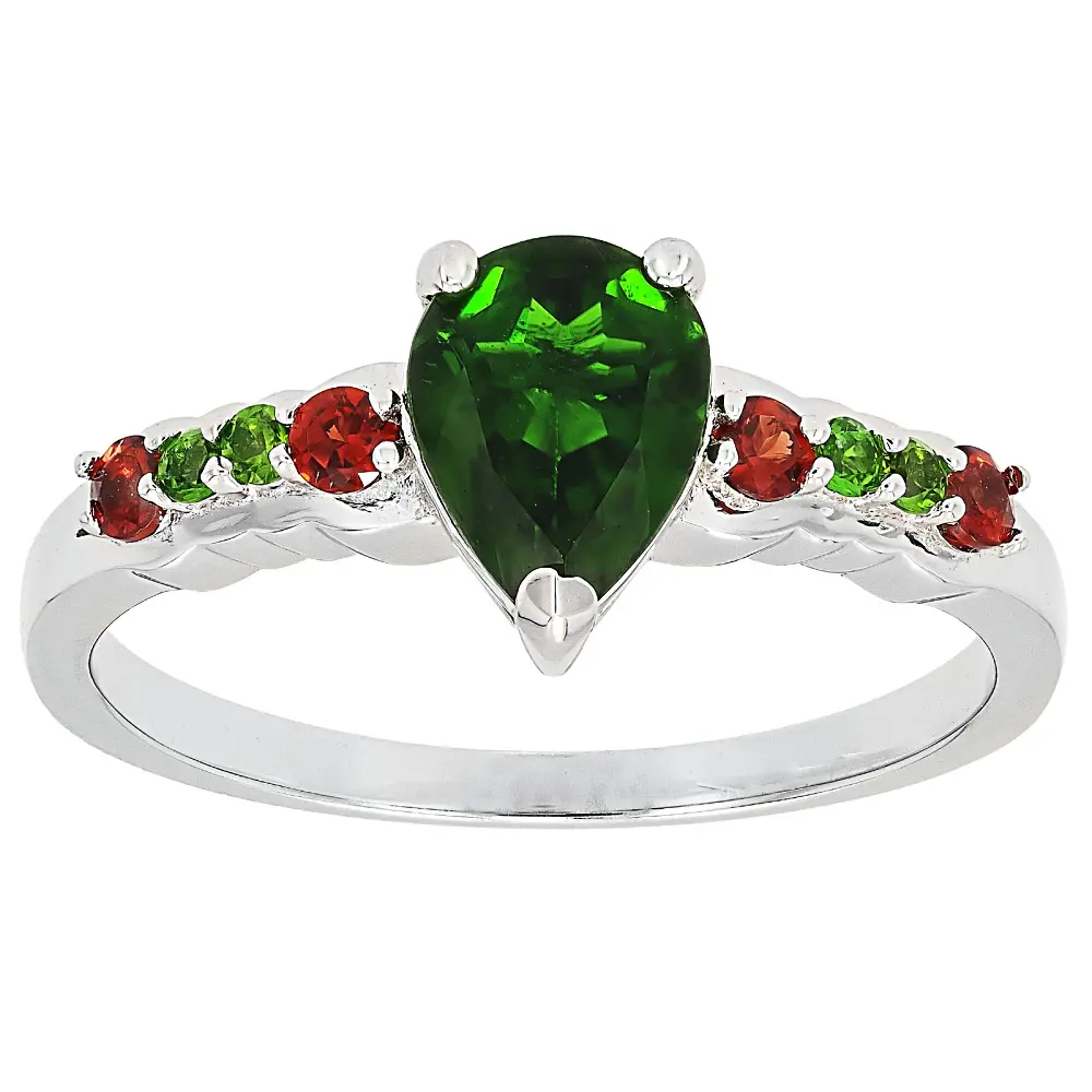 Sterling Silver Rhodium Metal Coating Ring - 1.27ctw Luxury Modern Semiprecious Stone Ring, 1.02ct Pear Cut Chrome Diopside, 0.08ctw Round Red Garnet, 0.74"L X 0.33"W, Unisex Adult Gift, Adults, Gemstone