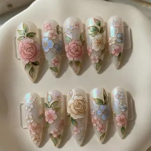 3D Floral Press On Nails Pearl White | Handmade Raised Flower Nails | Elegant Bridal Spring Nails Gift