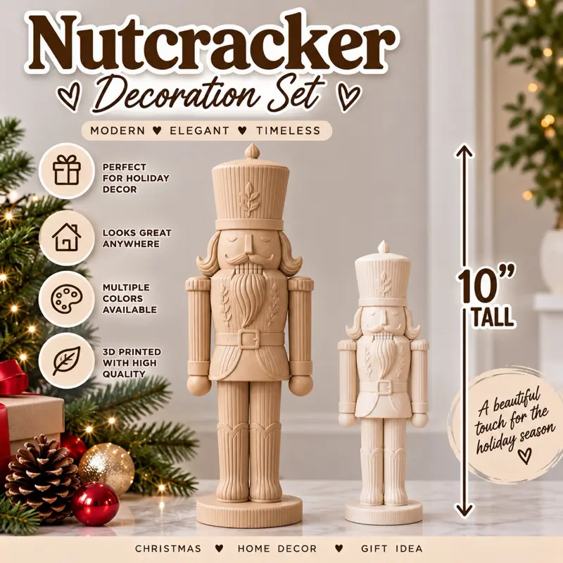 Nutcracker Decoration Set - 10" Tall, Modern Elegant Timeless, Perfect for Holiday Decor, Multiple Colors Available, 3D Printed with High Quality, Christmas Home Decor Gift Idea
