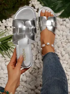 Women's Simple Solid Color H-Shaped Sandals, Hollow Flat Slip-On Shoes, Open Toe Design, Fashion Casual Summer Slippers