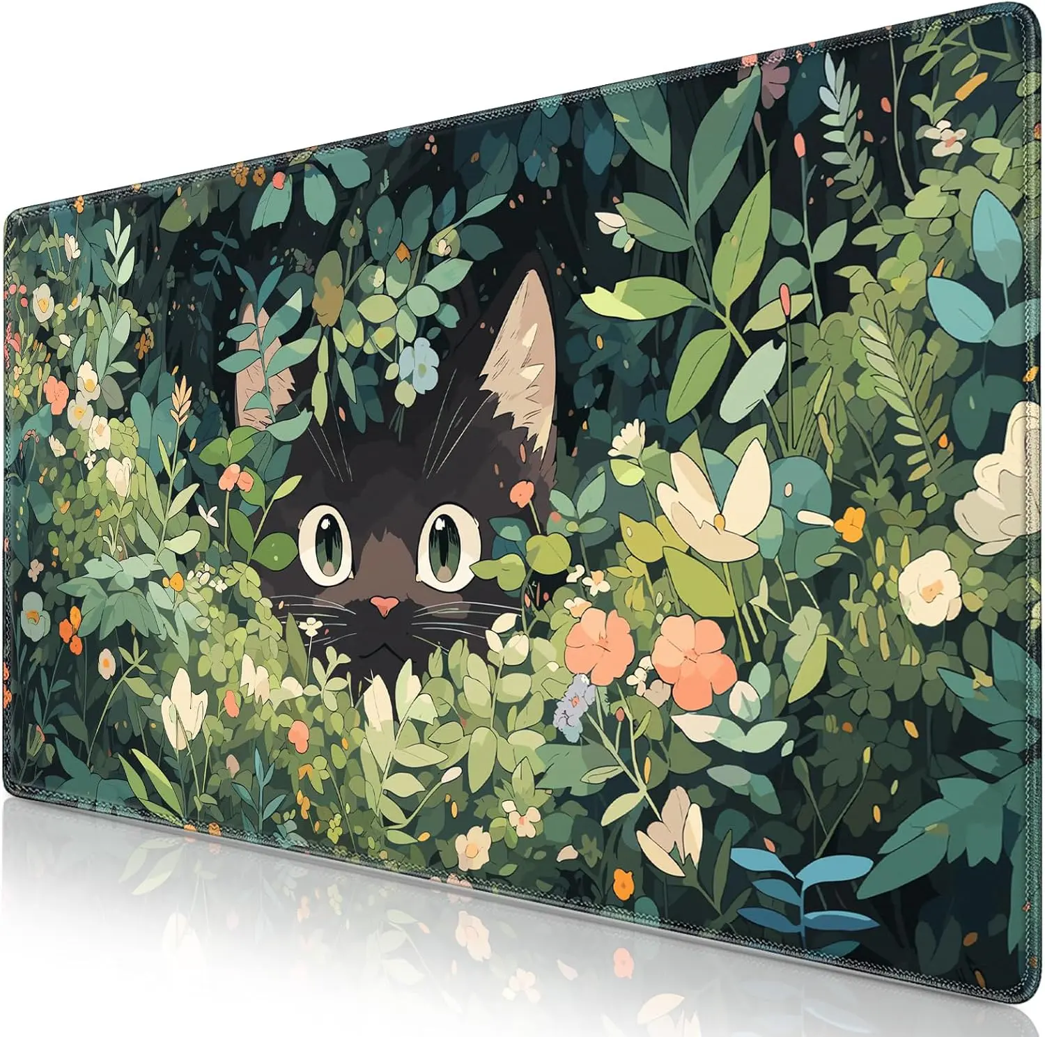 Cute Black Cats Anime Mouse pad, 31.5x15.7inch Kawaii Computer Keyboard Mat Extended Large Gaming Mouse Pad with Non-Slip Rubber Base