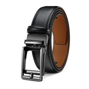 Men’s leather automatic ratchet belt with a matte black spring pin buckle and a pebbled-texture strap (double-sided two-tone design); a tough, stylish belt for work and weekends—an awesome gift for Valentine’s Day and Father’s Day.