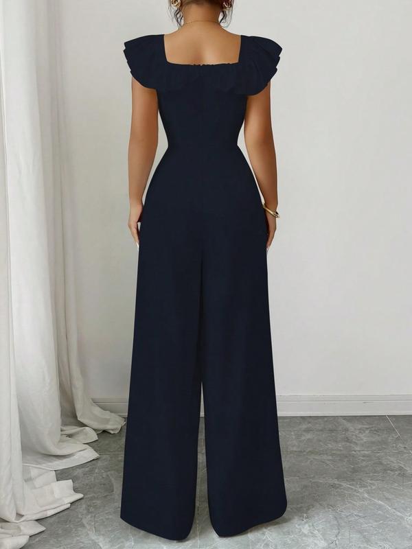 New Women's Square Neck Ruffle Mock Front Belted Button Pants, Casual Fitted Long Pants for Spring & Fall, Elegant Commuter Wear Jumpsuit