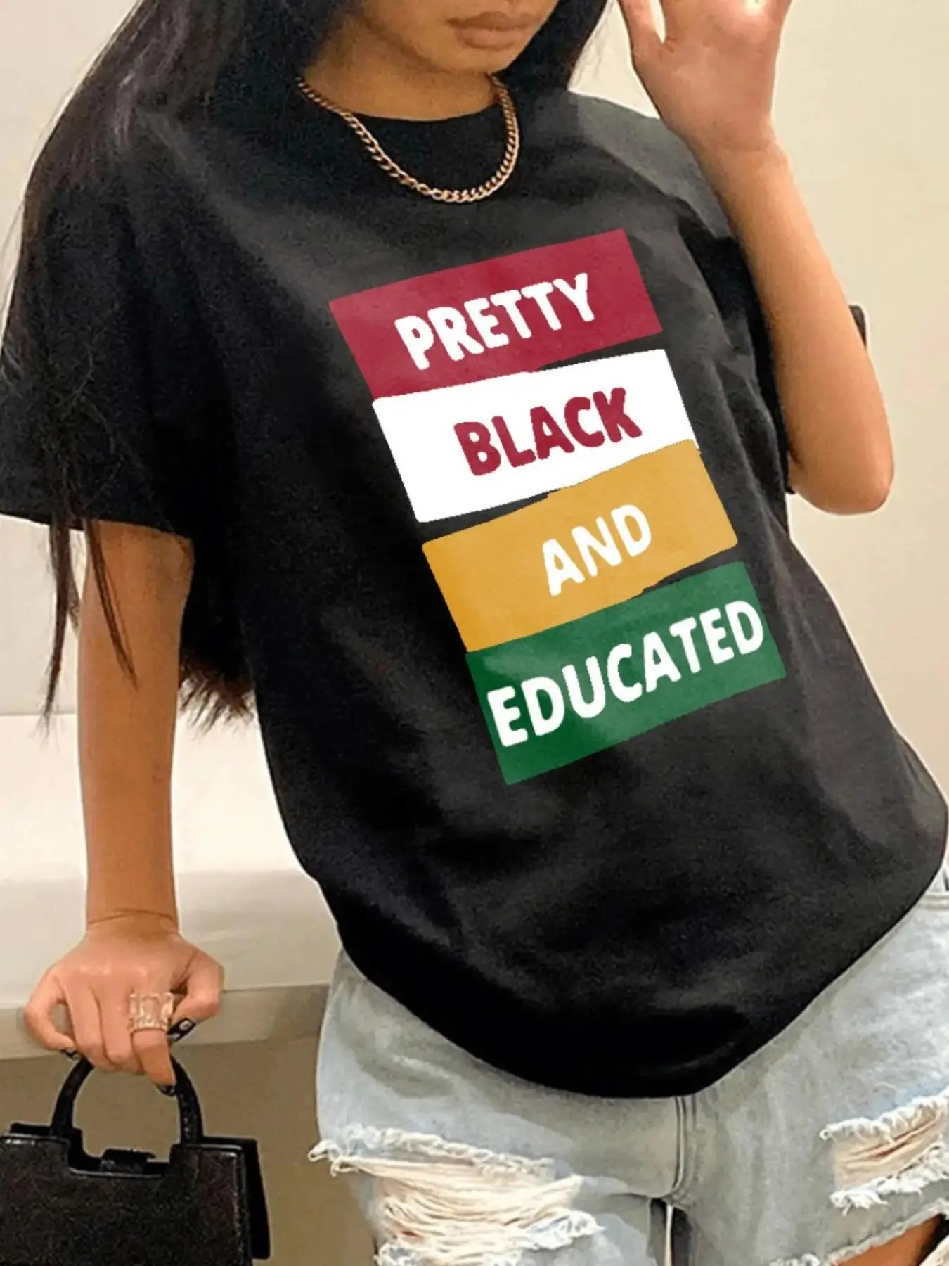 Lovelywholesale Women's Letter Print Short Sleeve Tee, Summer Clothes, Vintage Trendy Womenswear, Casual Crewneck Top for Daily Wear, Graphic Tees, Fi