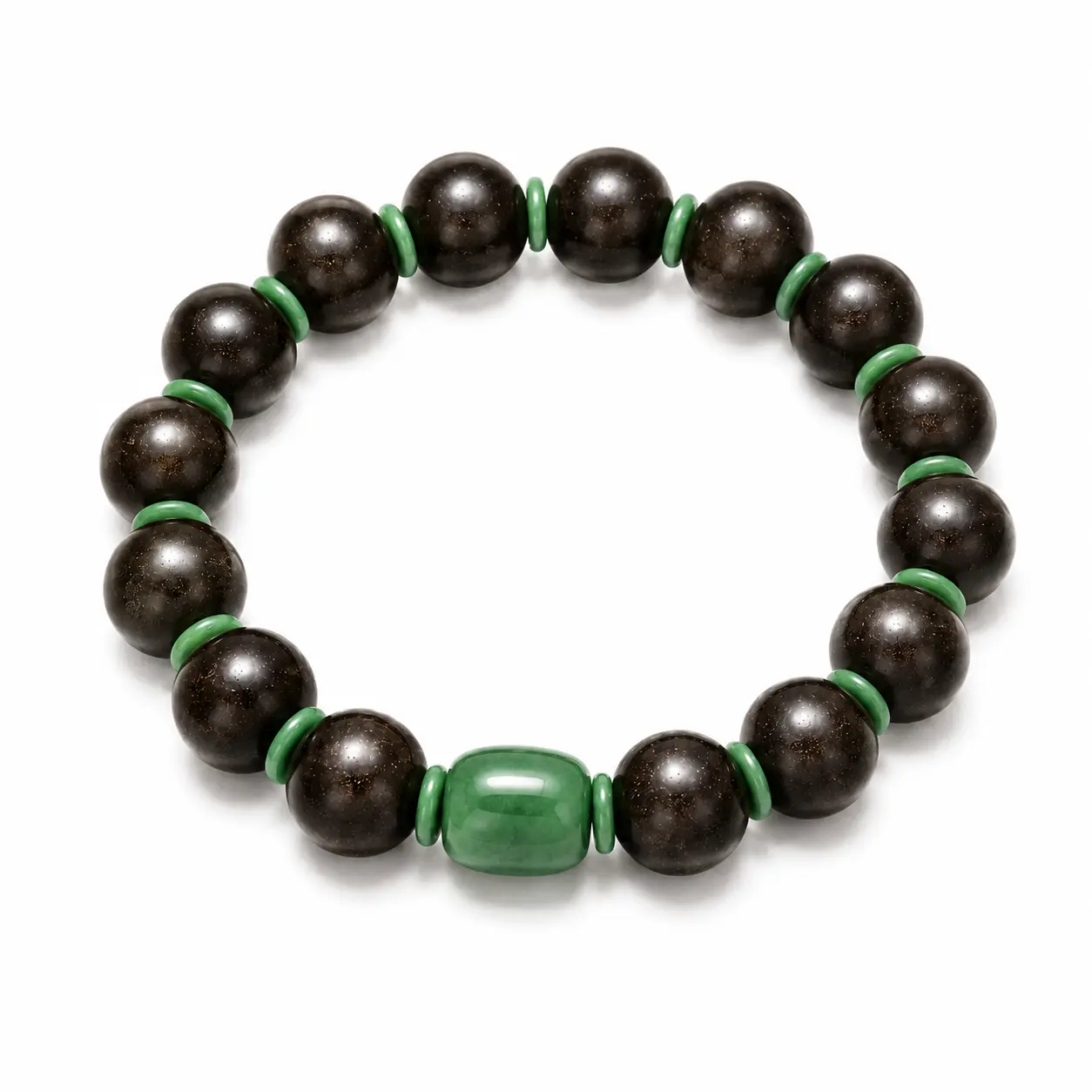 Dark Wood Bead Bracelet with Green Accent Charm | Vintage Aesthetic Stretch Jewelry for Men & Women | Trendy Stackable Wristband for Daily Wear