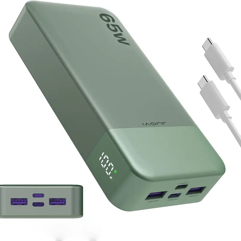 JUOVI Portable Power Bank Charger (10001-20000mAh) - 65W Output Charger & Battery in 1, 2 USB-C + 2 USB-A Ports, Digital Disp., Led Light, Compatible with MacBook, Laptops, iPhone 17/16/15/14 Series, Samsung Smartphones, Outdoor Charging Solution