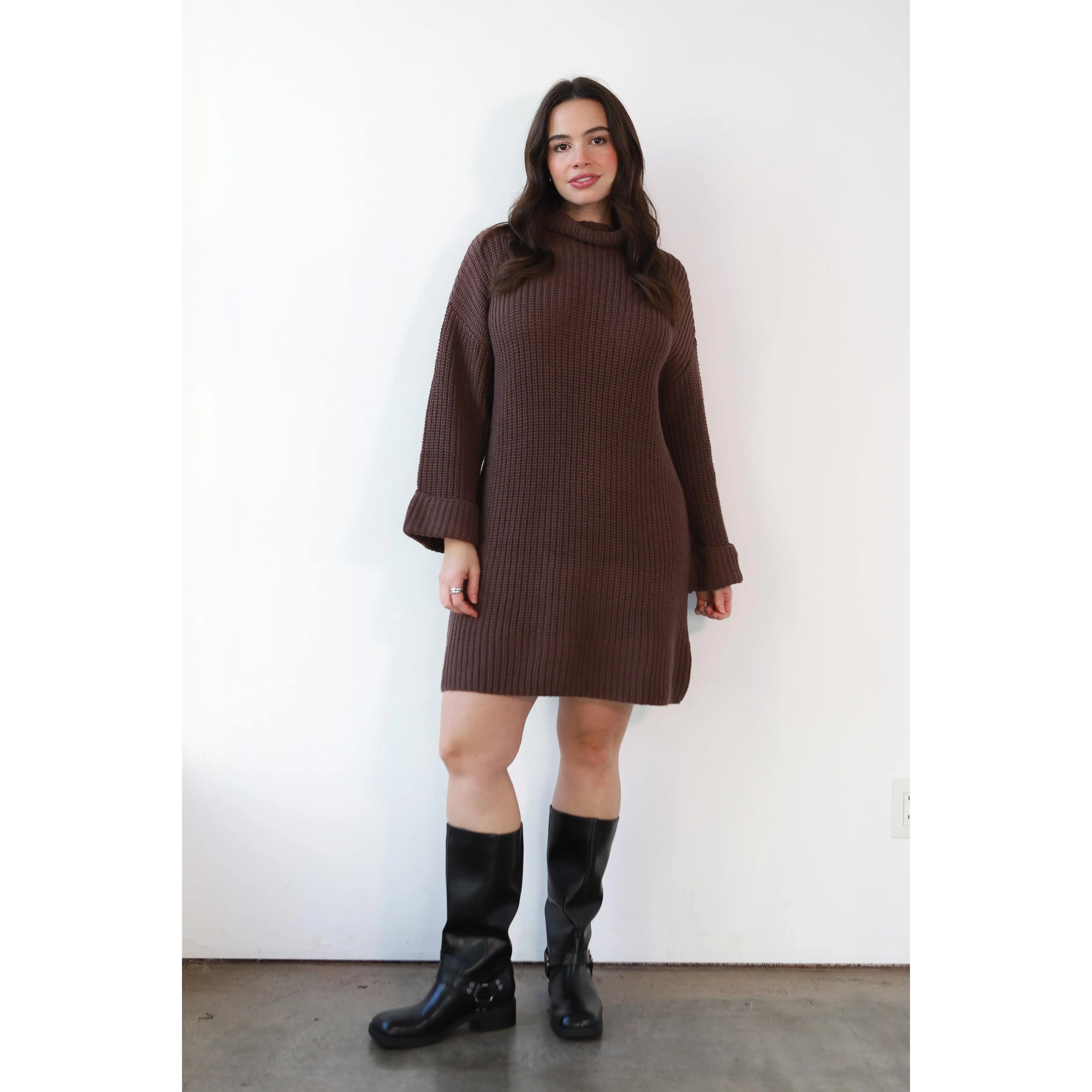 Baggy Turtleneck Mini Dress - Chocolate