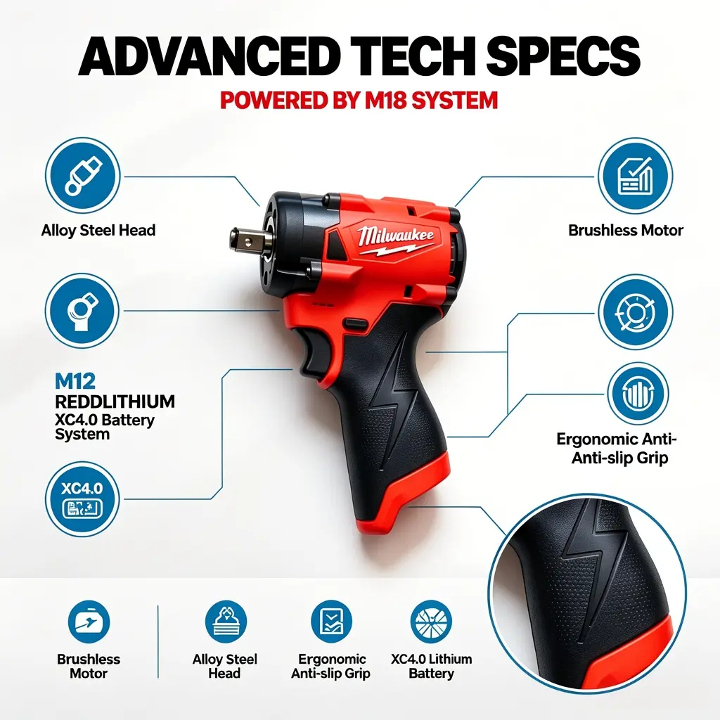 Milwaukee M12 1/2 Compact Impact Wrench, Cordless Power Tool for Automotive Repair and Construction, Features High Torque and Portable Design, Includes 1 Battery, Charger, and Protective Boot stable output heavy-duty fastening level kit