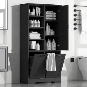 Bathroom Storage Cabinet with Doors and Drawers, Tilt-Out Laundry Hamper, Multiple Storage Space, Freestanding Style, Open Shelve, Adjustable Shelf