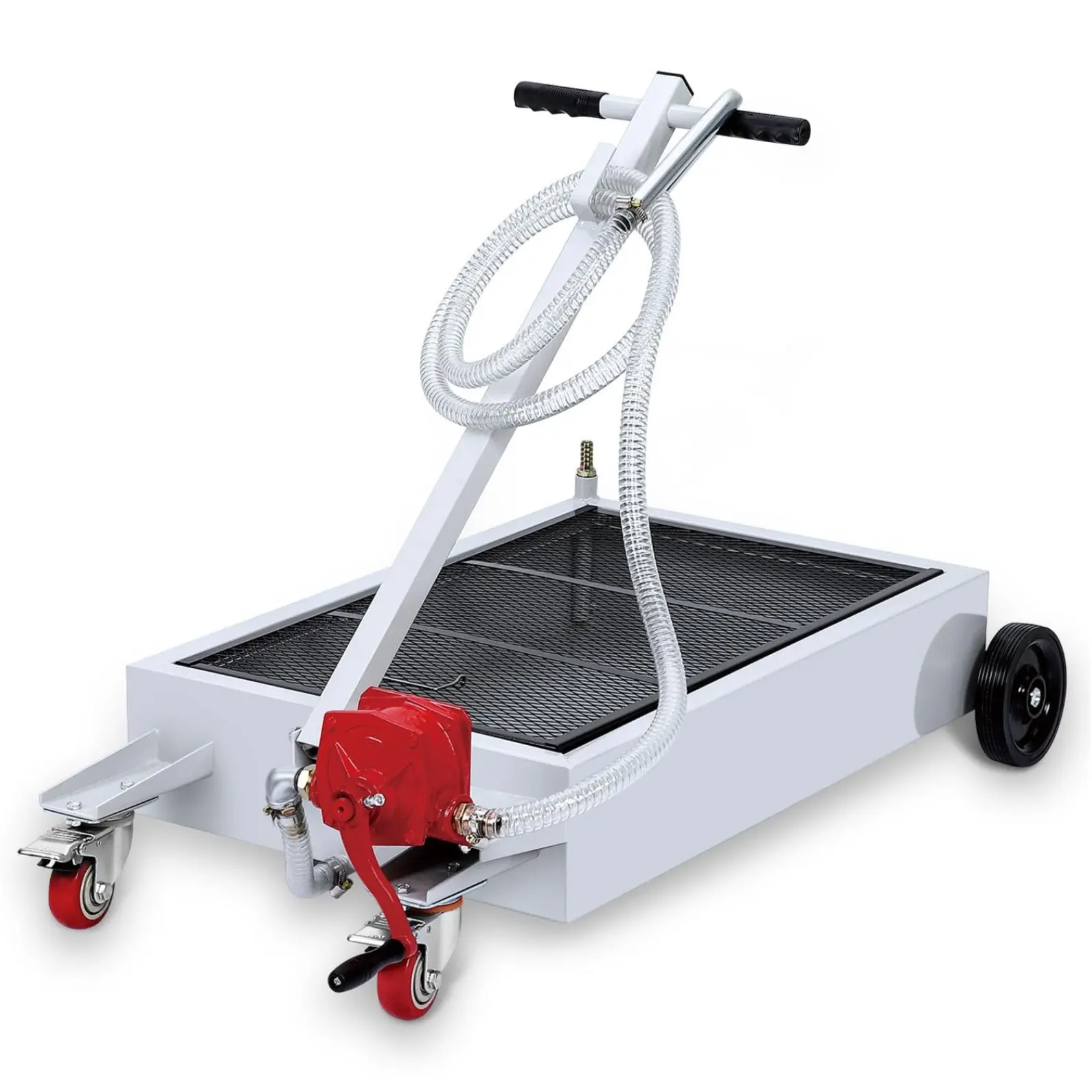 GARVEE Hand Pump & Hose Oil Drain Pan Set with Low Profile Design: Choose from 15 Gal Silver or 17 Gal Black Options, Each Includes an 8 Ft Hose for Efficient Oil Drainage and Versatile Use in Your Garage or Workshop.