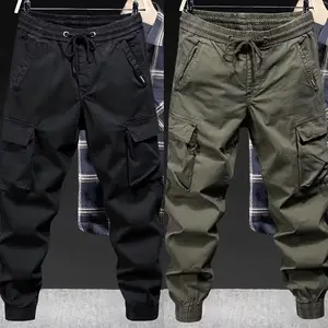 Army Green Overalls Men's Spring and Autumn Fashion Brand Loose Tappered Outdoor Mountaineering Tactical Pants Men's American Casual Pants Cotton Fabric Black Menswear Pocket Belt Decoration Long