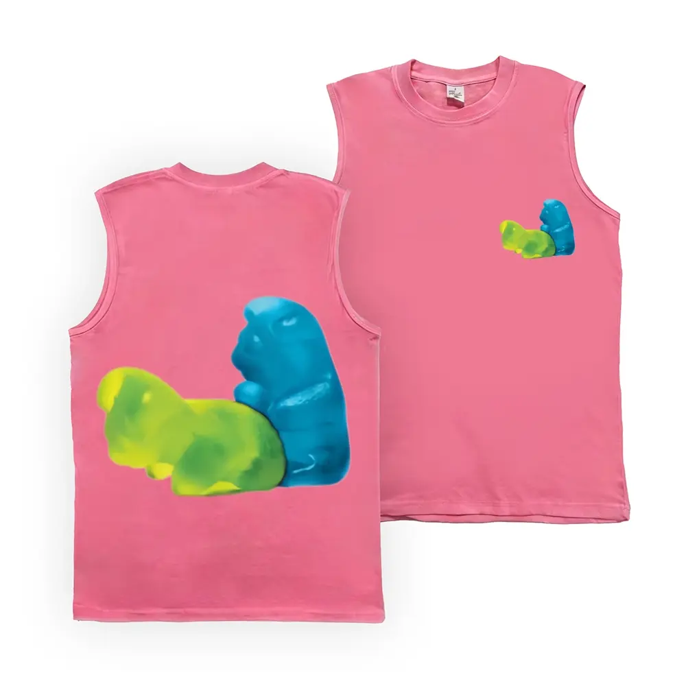 Men's Pink Sleeveless Tank Top, Funny Gummy Bear Graphic Muscle Shirt, LGBTQ Pride Kink Humor Casual Crewneck Vest, Bold Candy Print Streetwear Tee