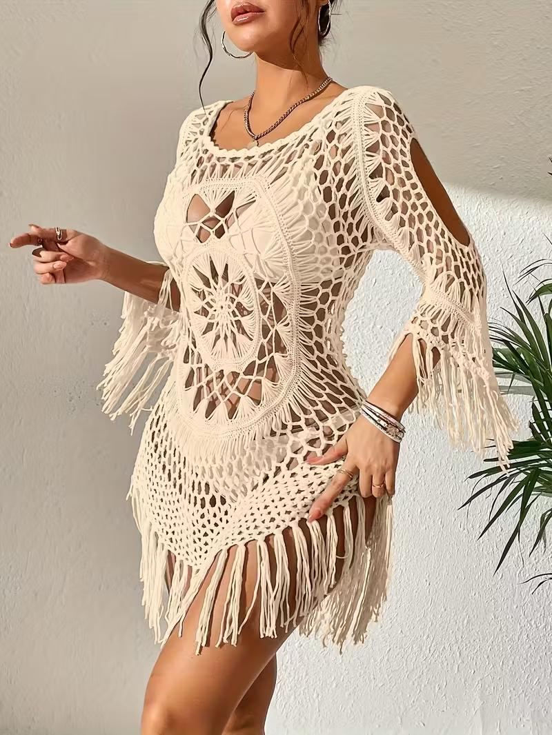 2026 New Hand-Crocheted Beach Skirt with Tassels & Floral Hollow-Out Camisole Set for Women's Beach Cover-Up Style Lightweight & Breathable