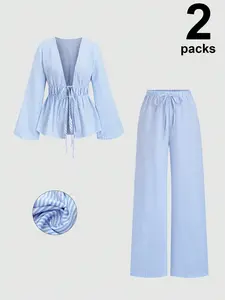 Women's Spring Autumn Casual Striped Woven Set, Long Sleeve Pants, Home Office Outdoor City Style, Loose Fit Streetwear, Casual Matching Set, Casual Lounge Set