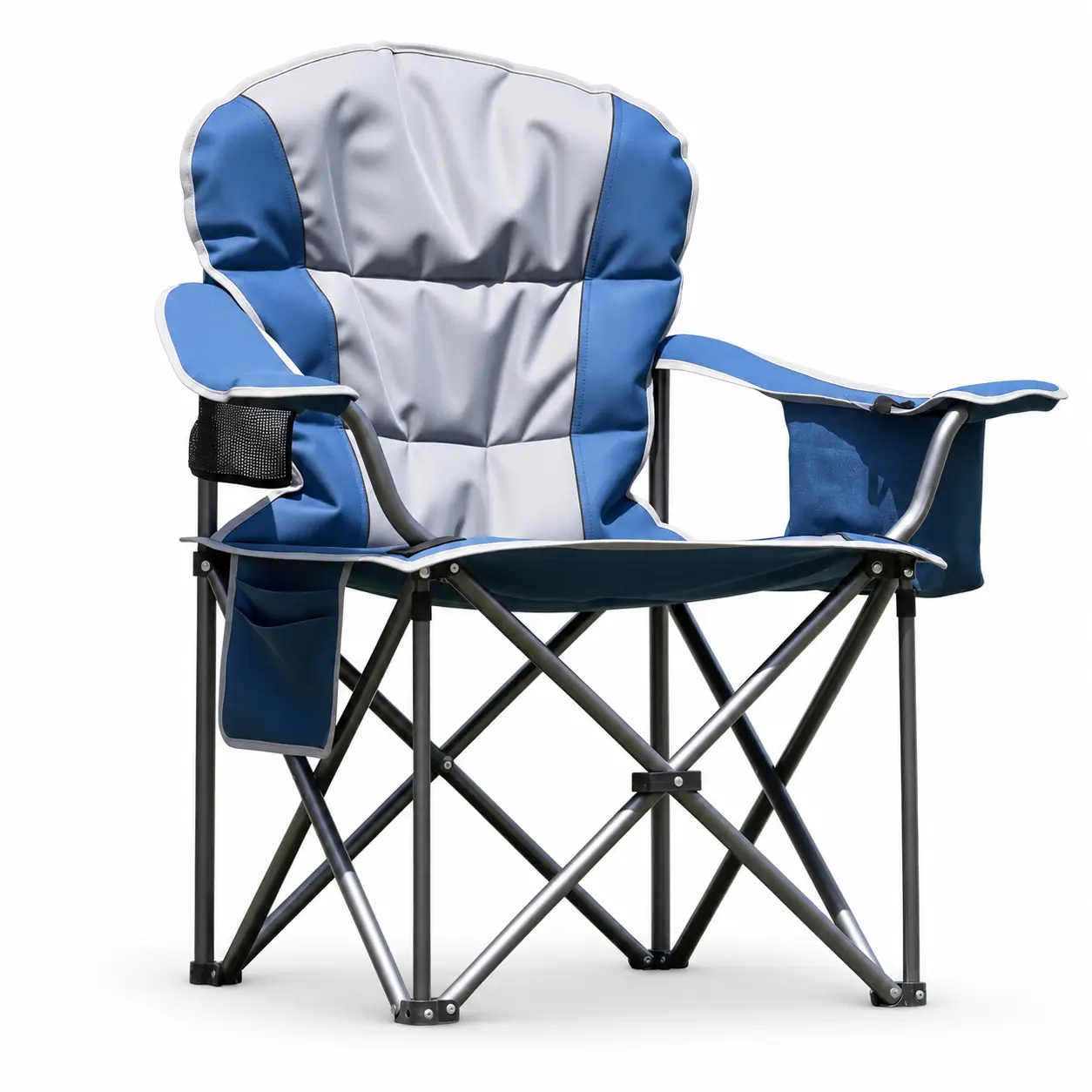 2-Tone X-Frame Padded Folding Camping Chair for Adults - Outdoor Seating with Cup Holder, Side Storage Pockets, Portable Quad Chair for Camping, Backyard, Blue & Light Gray