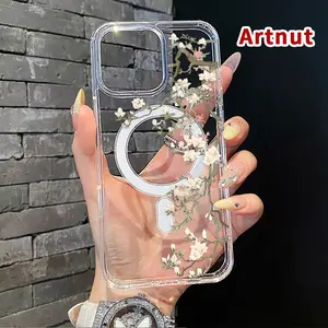 Clear Magnetic Case for iPhone 16 Pro Max 15 16E 14 Plus 13 12 Mini 11 Promax X XS XR XSMax White and Pure Magnolia Pattern Acrylic Back Soft Silicone Edge Anti-Fingerprint Hard Cover Gift for Boy