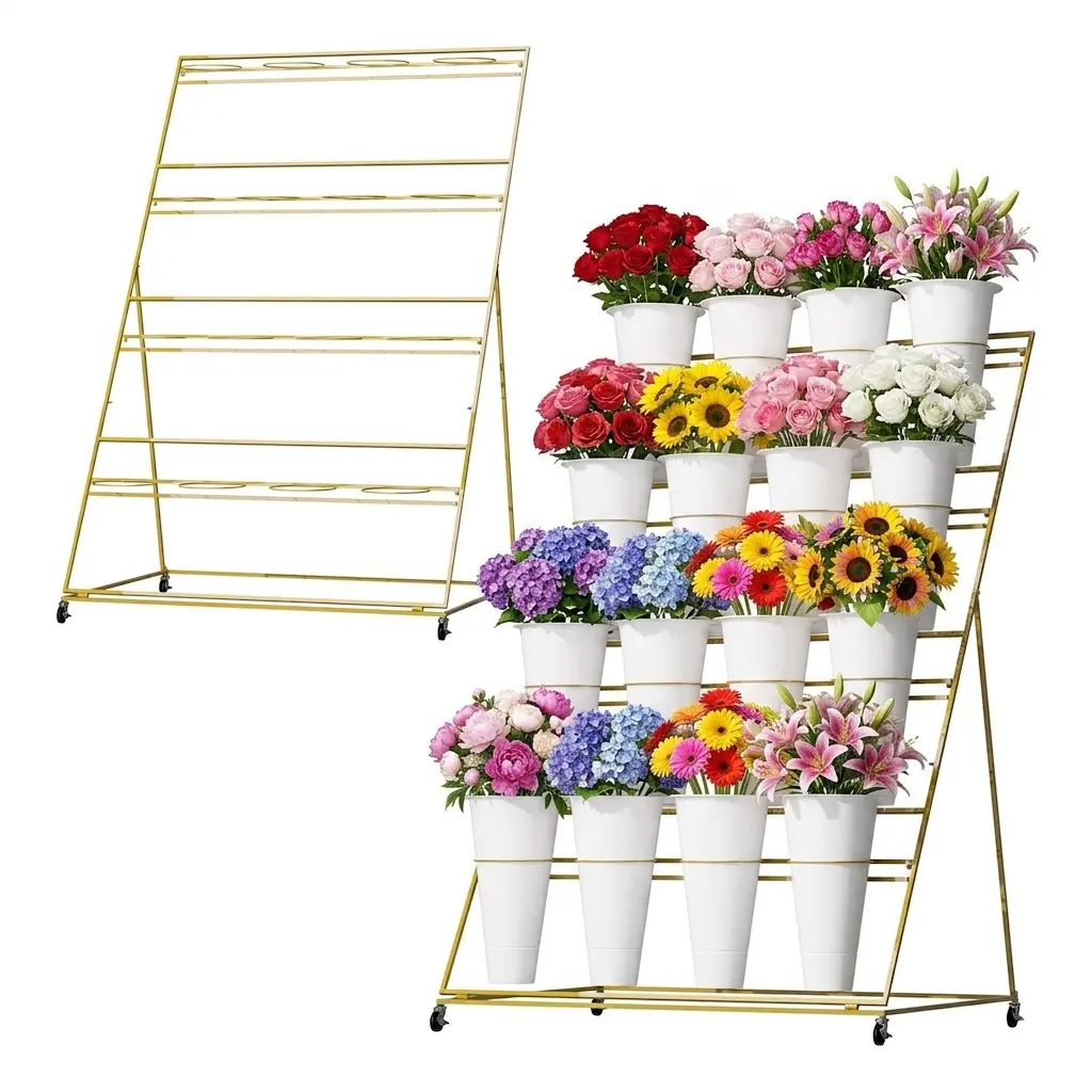 Flower Stand, 4 Tier Flower Display Stand with 16 Buckets, Upgrade Double Circle No Shaking, Outdoor Flower Cart with Wheels for Patio, Garden, Shop, Wedding, Party, Exhibition, Indoor, Gold