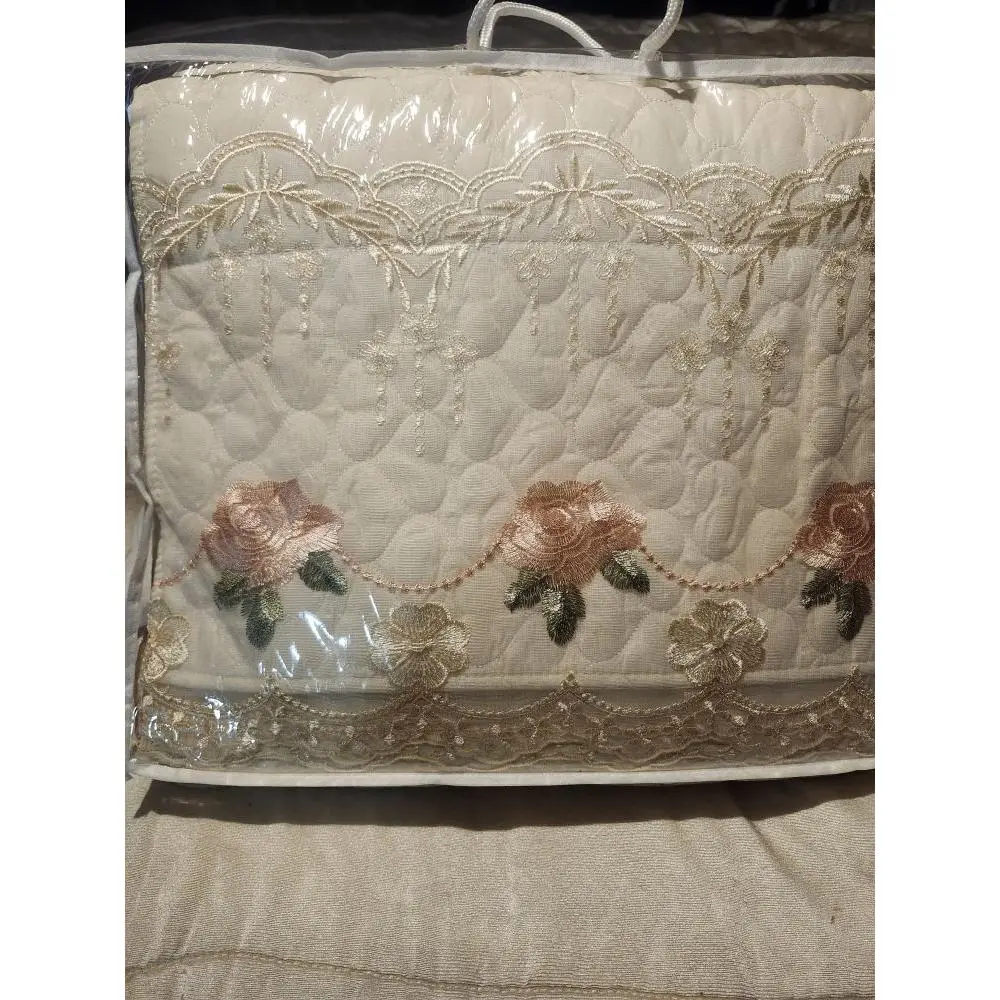 Elegant Floral Embroidered Quilted Bedspread with Intricate Lace Trim and Rose Motifs for Bedroom Decor