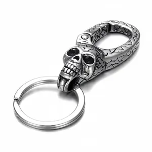 Stainless Steel Vintage Skull Keychain - Viking Inspired Punk Biker Amulet Keyring for Men and Women